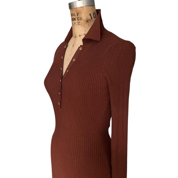 Brown Ribbed Knit Dress with Gold Snap Buttons Size S - Picture 5 of 8